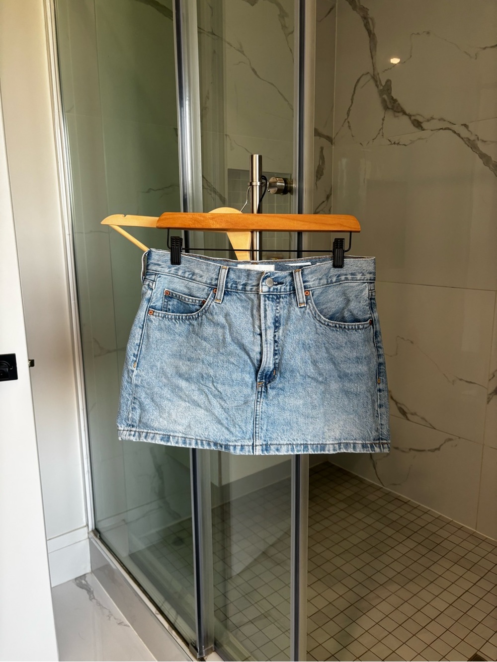 Denim Forum Pale Blue Distressed Denim Mini Skirt
